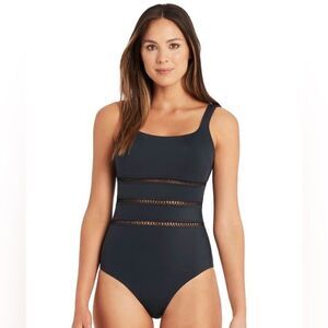 New SEA LEVEL Lola Shimmer Square Neck One Piece Swimsuit Charcoal Women Size 10